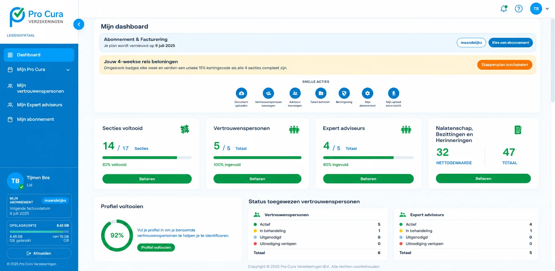 Dashboard van de Levens-kluis: overzicht van secties, vertrouwenspersonen en bezittingen